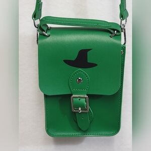 Green Crossbody Bag with Black Witch Hat Accent Detachable Strap Faux Leather
